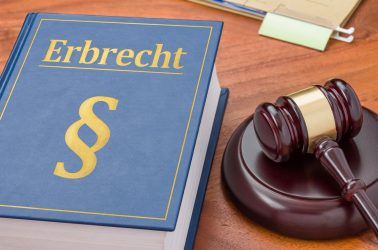 Blaues Gesetzbuch mit Paragraphenzeichen neben einem Richterhammer auf Holzuntergrund.