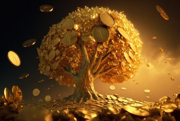 Goldener Baum mit Münzen als Blätter, umgeben von fallenden Münzen, bei Sonnenuntergang.