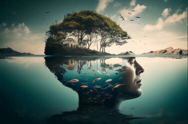 Gespiegelte Landschaft mit Kopf, Bäumen und Fischen im Wasser.
