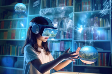 Mädchen mit VR-Brille interagiert mit digitaler Welt in einer Bibliothek.