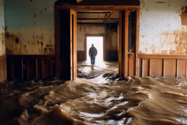 Ein Raum steht unter Wasser. Eine Person geht durch die Tür ins helle Licht.