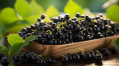 Schwarze Johannisbeeren in einer Holzschale mit grünen Blättern im Hintergrund.