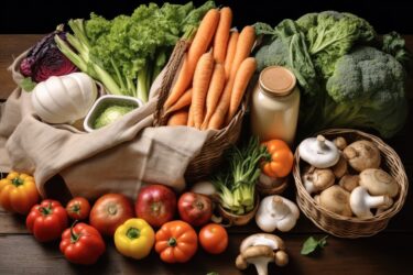 Frisches Gemüse und Obst in Körben, darunter Karotten, Paprika, Pilze und Äpfel auf einem Holztisch.