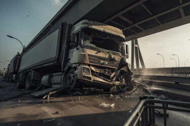 Ein verunfallter Lastwagen steht unter einer Brücke auf einer Straße.
