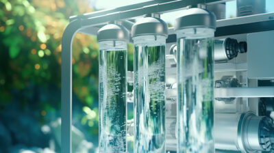 Drei mit Wasser gefüllte Glaszylinder mit aufsteigenden Blasen sind in einer Metallhalterung angebracht.
