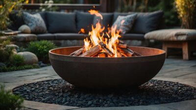 Feuerschale mit brennendem Holz, umgeben von Kieselsteinen. Im Hintergrund ein graues Sofa.