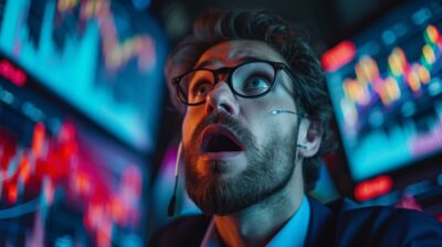 Ein Mann mit Brille und Headset schaut überrascht auf mehrere bunte Bildschirme.