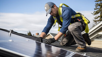 Handwerker installiert Solarpanel auf einem Hausdach.