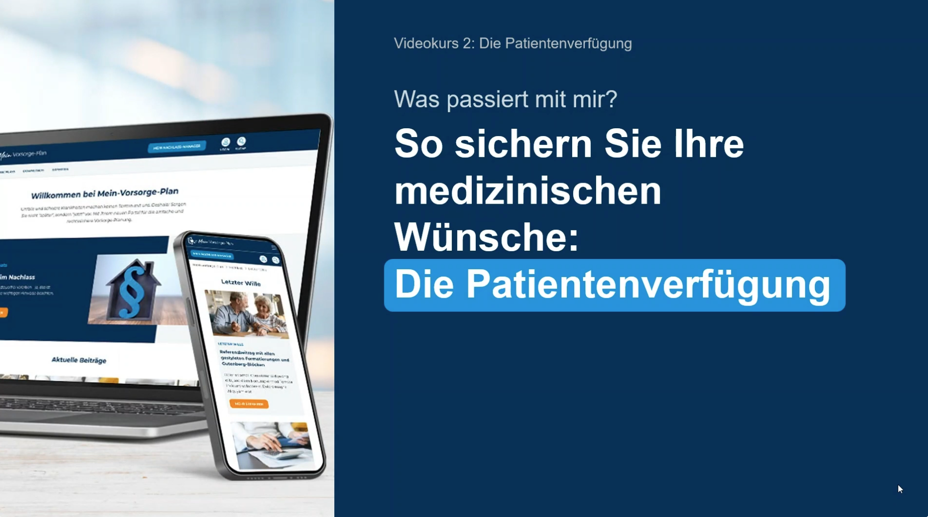 Laptop- und Smartphone-Bildschirm zeigen eine Website zur Patientenverfügung vor blauem Hintergrund.