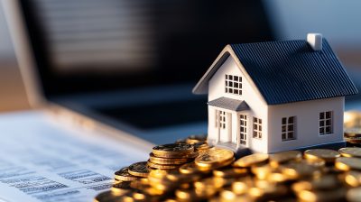 A beautifully crafted miniature house sitting atop a pile of golden coins with an open ledger in the background, emphasizing real estate as a strong investment strategy.