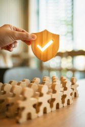 Shield icon and people model. Security protection and group  insurance. The concept of family home, protection, health care day, car insurance.