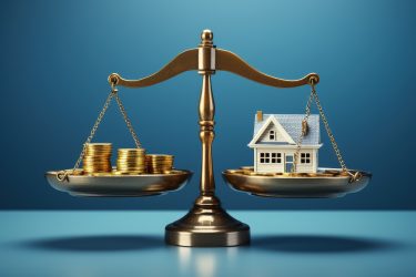 Scales with house and stack of coins on blue background, real estate market concept, Generative AI